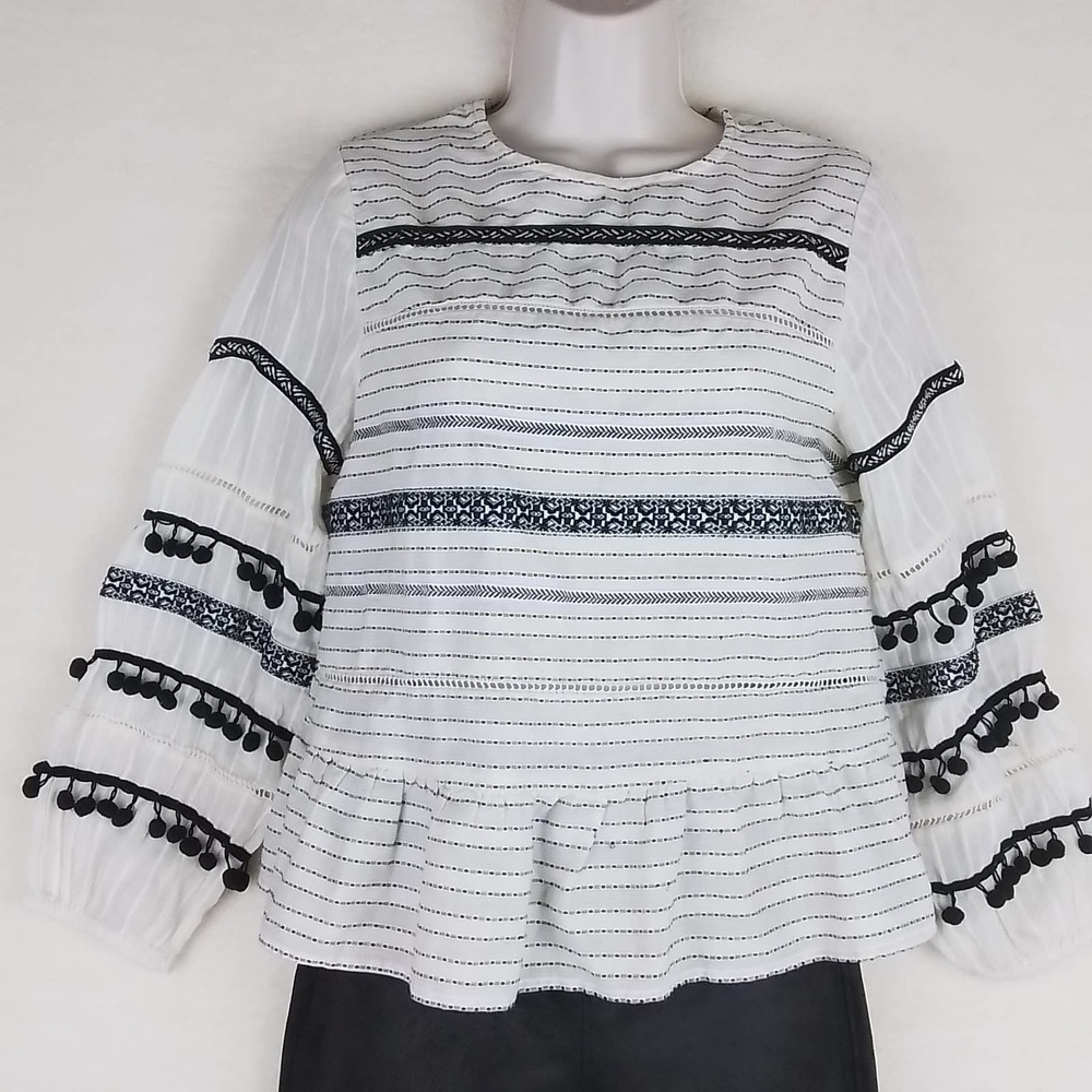 ZARA Boho Blouse Size Small‎ in Black White Stipes w/ Pom Pom fringe